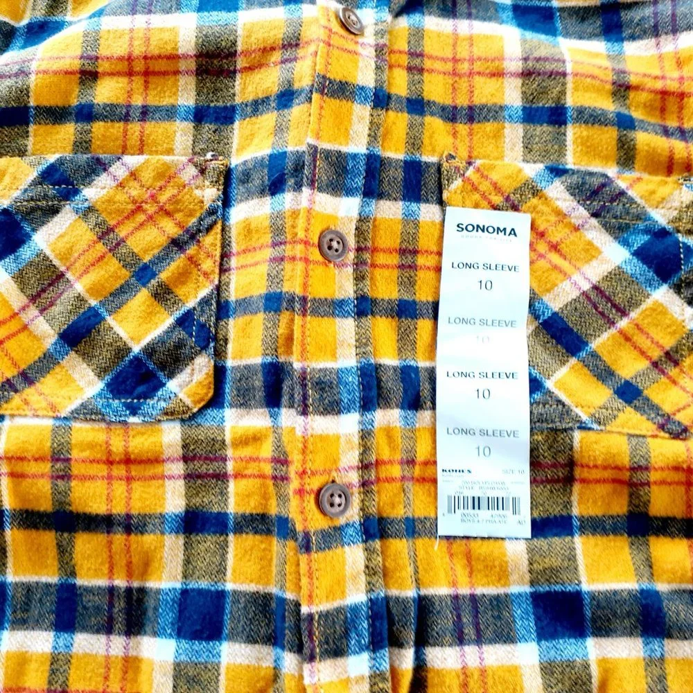 Sonoma Boys Shirt Flannel Yellow Plaid Button Down Size 10 New